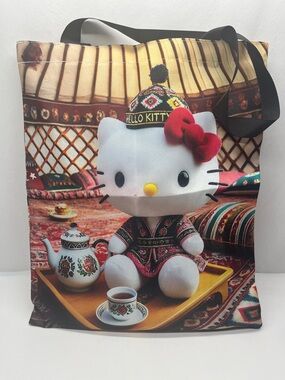 Hello Kitty Multicolor Plush Graphic Tote with Red Bow